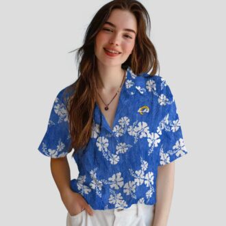 Blue Los Angeles Rams Hibiscus Clusters Hawaiian Shirt, Tropical Beach Shirt for Women