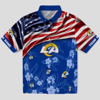Blue NFL Los Angeles Rams Hawaiian Shirt with US Flag and Hibiscus, Custom Name for Fans