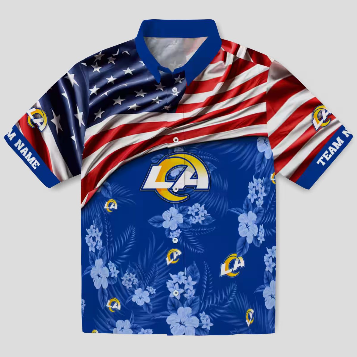 Blue NFL Los Angeles Rams Hawaiian Shirt with US Flag and Hibiscus, Custom Name for Fans