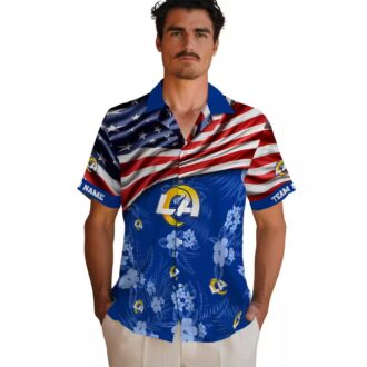 Blue NFL Los Angeles Rams Hawaiian Shirt with US Flag and Hibiscus, Custom Name for Fans