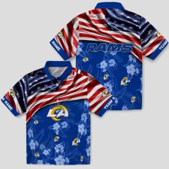 Blue NFL Los Angeles Rams Hawaiian Shirt with US Flag and Hibiscus, Custom Name for Fans