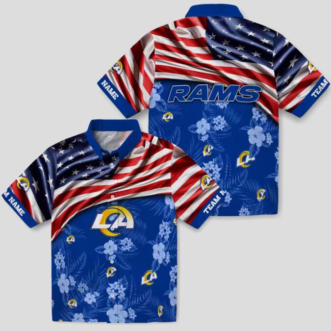 Blue NFL Los Angeles Rams Hawaiian Shirt with US Flag and Hibiscus, Custom Name for Fans
