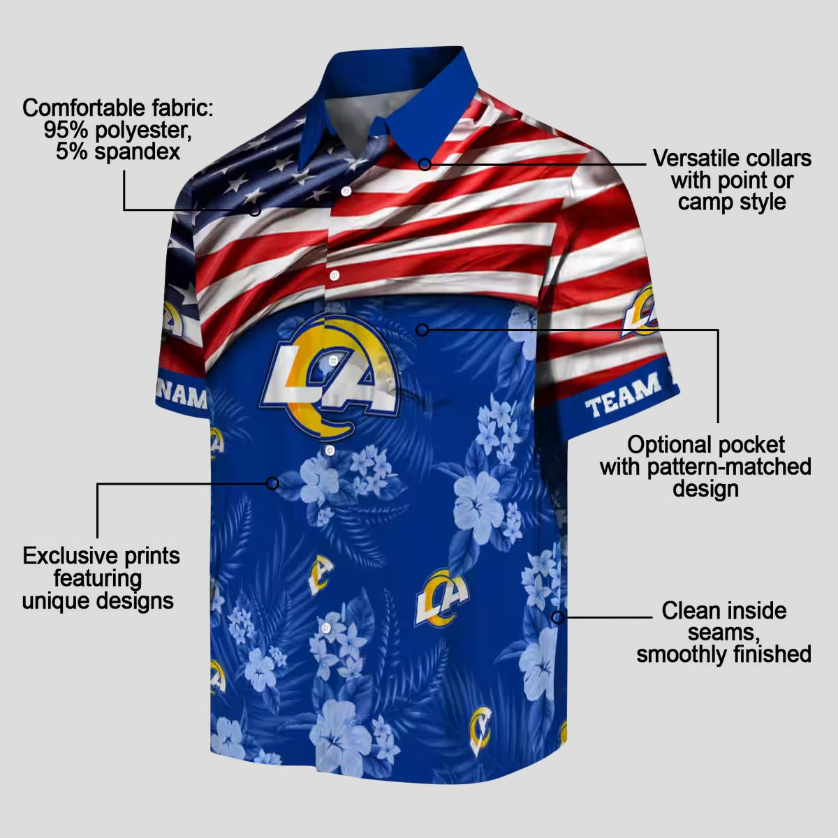 Blue NFL Los Angeles Rams Hawaiian Shirt with US Flag and Hibiscus, Custom Name for Fans