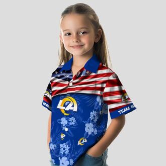 Blue NFL Los Angeles Rams Hawaiian Shirt with US Flag and Hibiscus, Custom Name for Fans