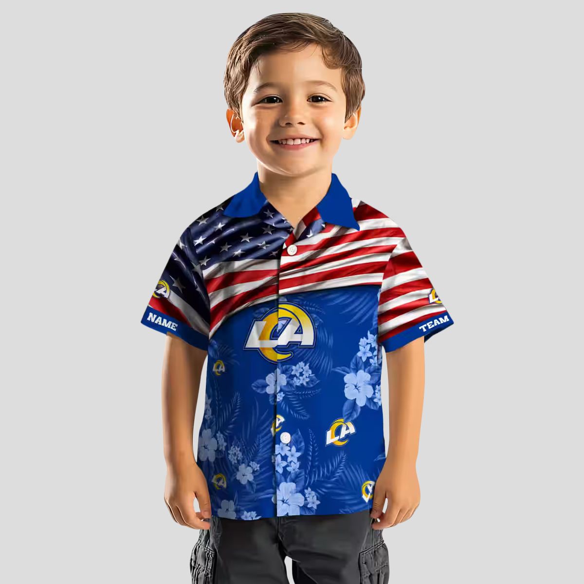Blue NFL Los Angeles Rams Hawaiian Shirt with US Flag and Hibiscus, Custom Name for Fans