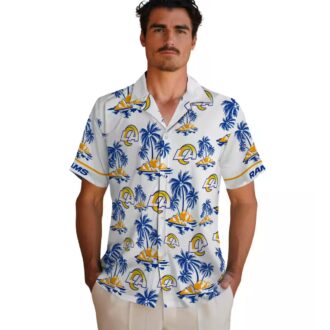 Blue White Los Angeles Rams Hawaiian Shirt, Palm Island Floral Print for NFL Fans