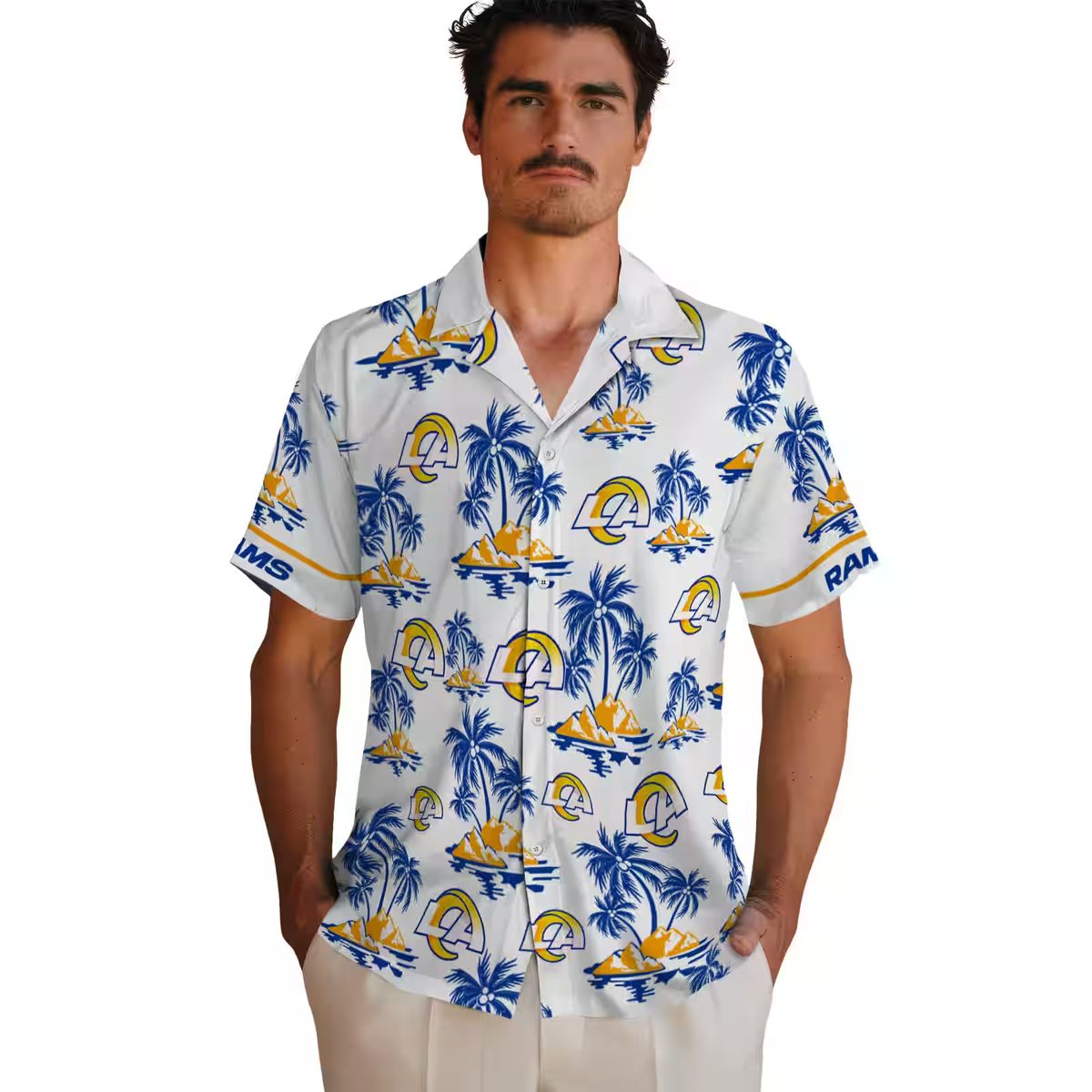 Blue White Los Angeles Rams Hawaiian Shirt, Palm Island Floral Print for NFL Fans