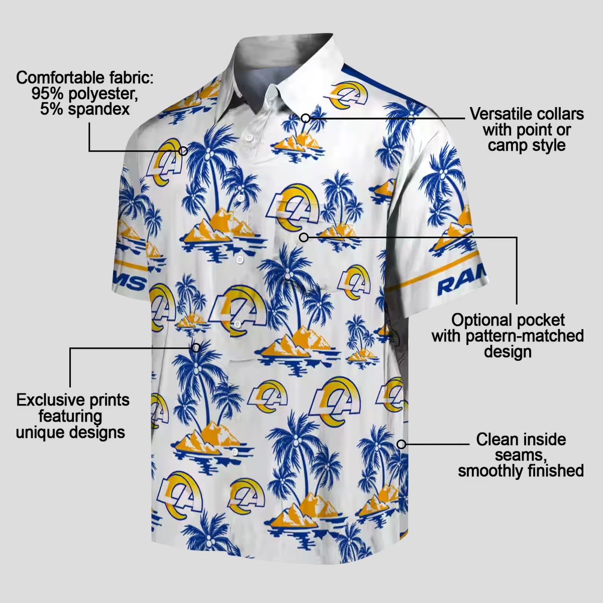 Blue White Los Angeles Rams Hawaiian Shirt, Palm Island Floral Print for NFL Fans