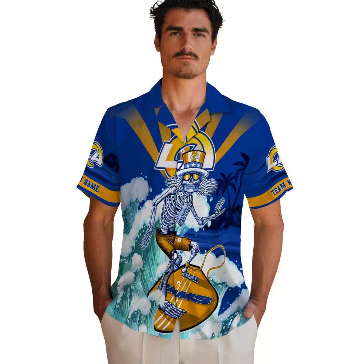 Custom Blue Hawaiian Shirt with Los Angeles Rams Surfing Skeleton, NFL Beach Shirts