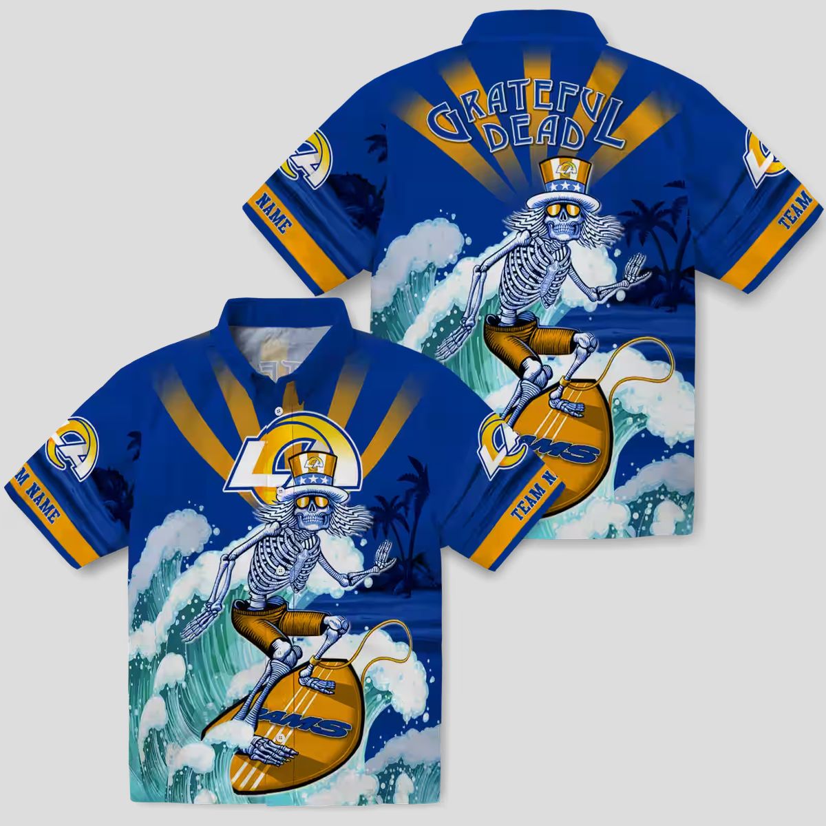 Custom Blue Hawaiian Shirt with Los Angeles Rams Surfing Skeleton, NFL Beach Shirts