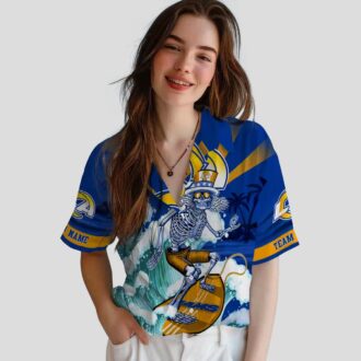 Custom Blue Hawaiian Shirt with Los Angeles Rams Surfing Skeleton, NFL Beach Shirts