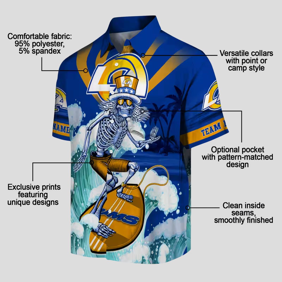 Custom Blue Hawaiian Shirt with Los Angeles Rams Surfing Skeleton, NFL Beach Shirts