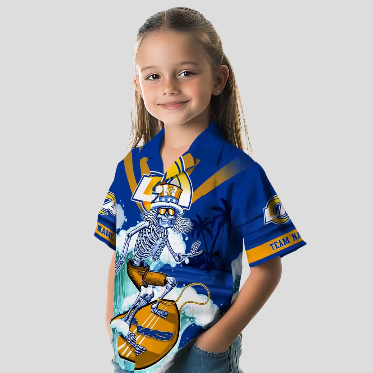 Custom Blue Hawaiian Shirt with Los Angeles Rams Surfing Skeleton, NFL Beach Shirts