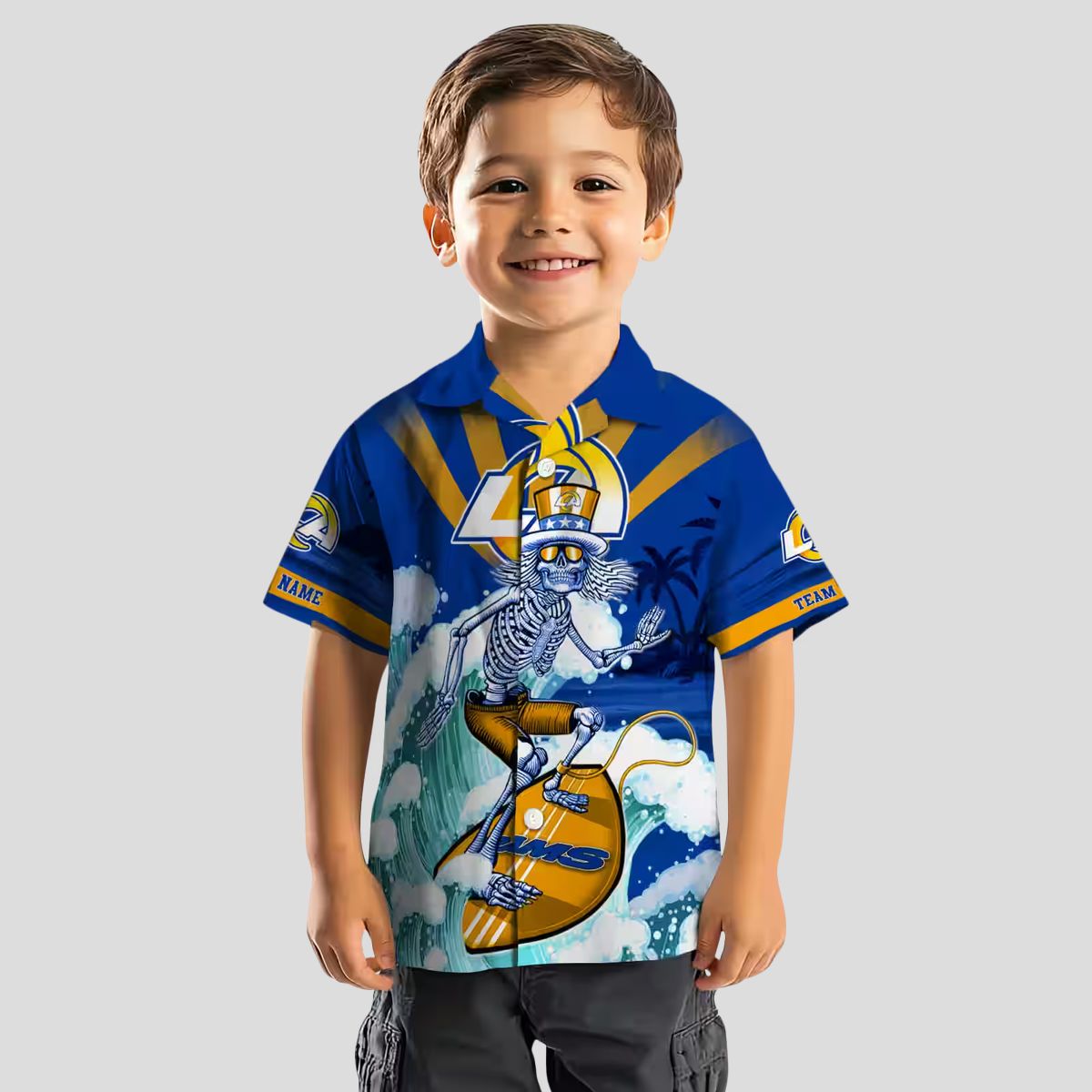 Custom Blue Hawaiian Shirt with Los Angeles Rams Surfing Skeleton, NFL Beach Shirts