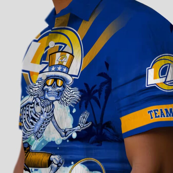 Custom Blue Hawaiian Shirt with Los Angeles Rams Surfing Skeleton, NFL Beach Shirts