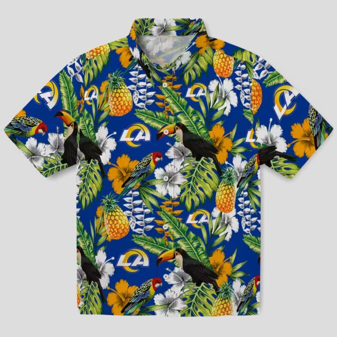Custom Los Angeles Rams Tropical Toucan Shirt, Blue Green Aloha Beach Shirt for Summer
