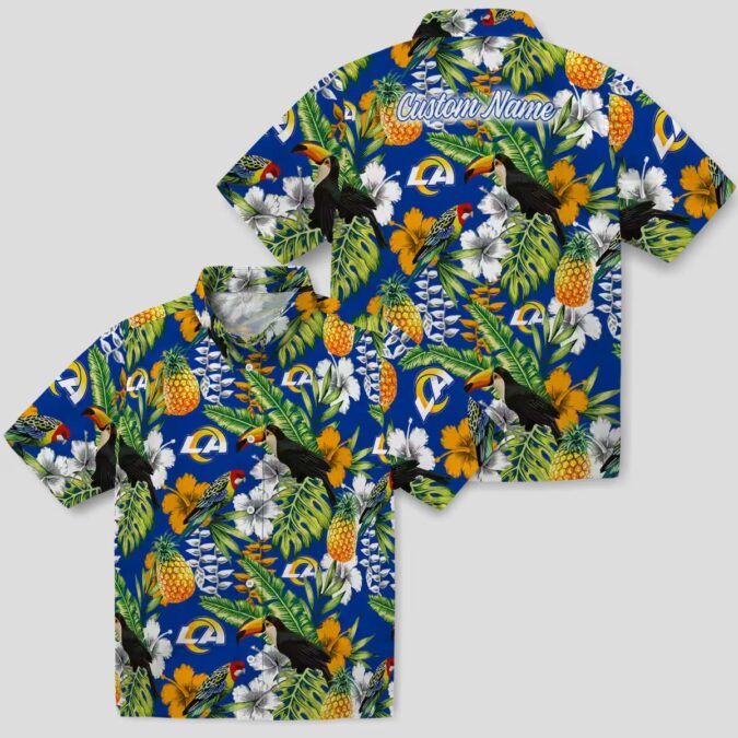 Custom Los Angeles Rams Tropical Toucan Shirt, Blue Green Aloha Beach Shirt for Summer