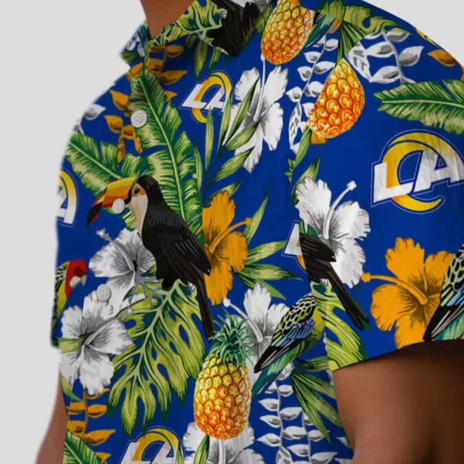 Custom Los Angeles Rams Tropical Toucan Shirt, Blue Green Aloha Beach Shirt for Summer
