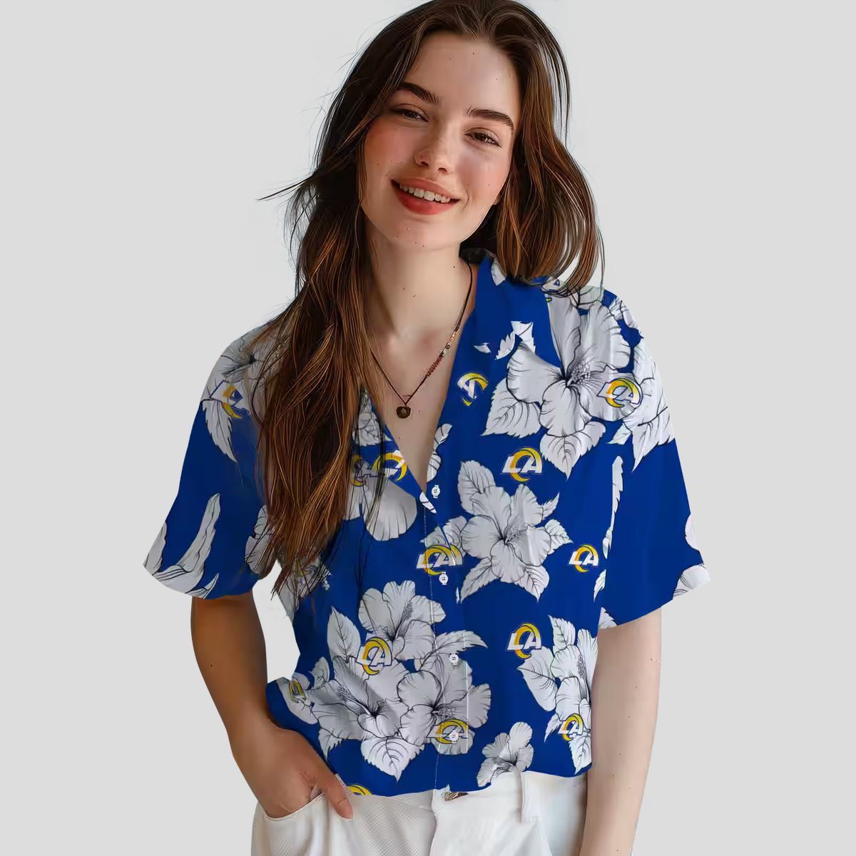 Los Angeles Rams Aloha Hawaiian Shirt, Blue Hibiscus Blooms Beach Shirt for Summer
