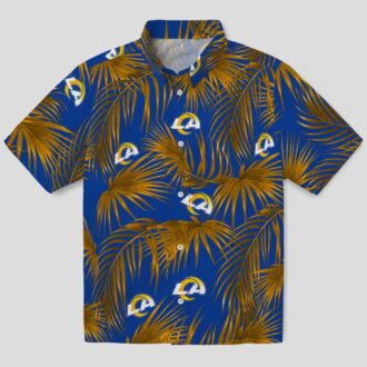 Los Angeles Rams Beach Shirt, Blue Hawaiian Shirt with Leafy Palms and NFL Logo