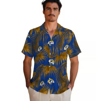 Los Angeles Rams Beach Shirt, Blue Hawaiian Shirt with Leafy Palms and NFL Logo