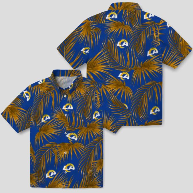 Los Angeles Rams Beach Shirt, Blue Hawaiian Shirt with Leafy Palms and NFL Logo