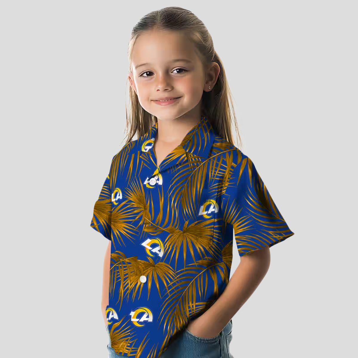 Los Angeles Rams Beach Shirt, Blue Hawaiian Shirt with Leafy Palms and NFL Logo