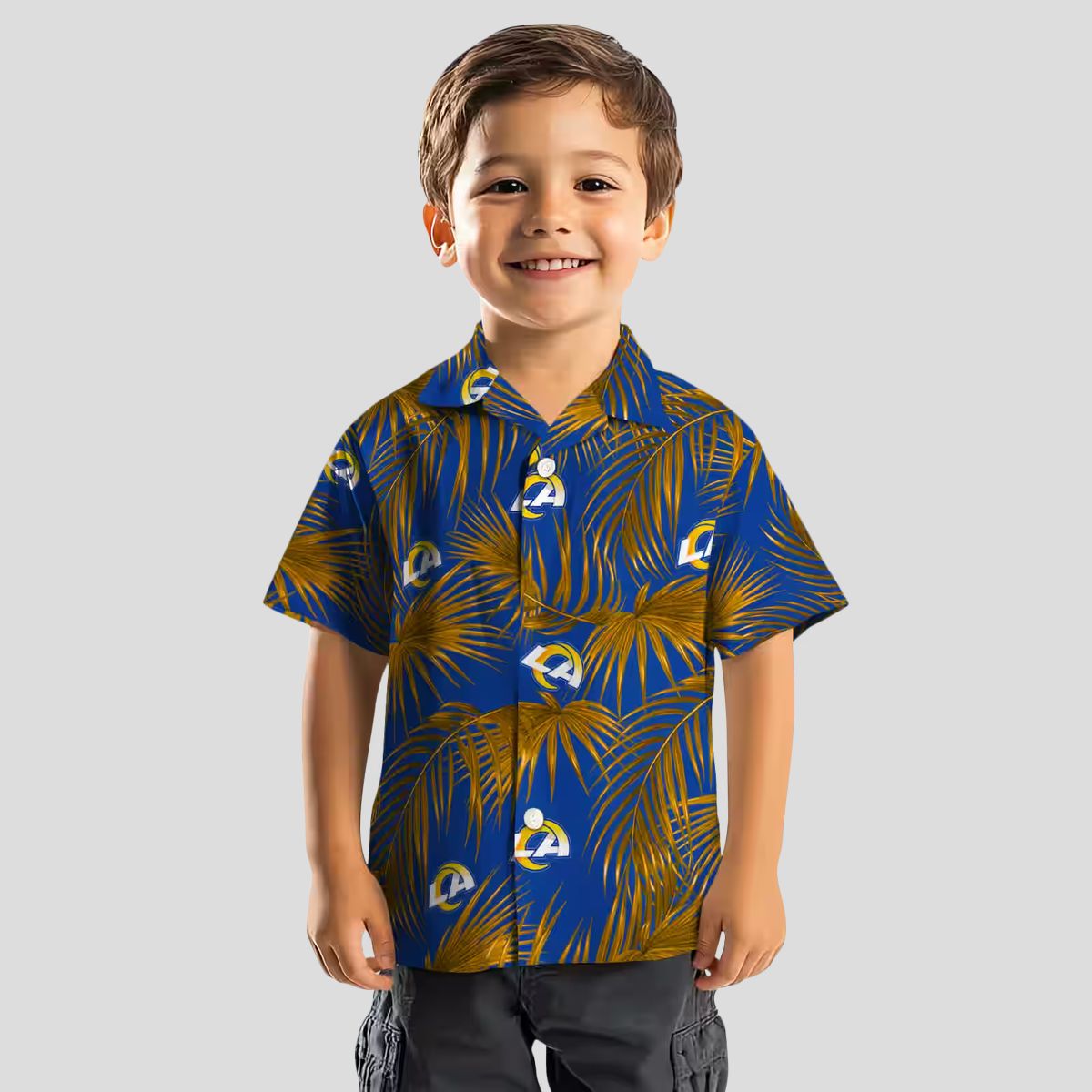 Los Angeles Rams Beach Shirt, Blue Hawaiian Shirt with Leafy Palms and NFL Logo