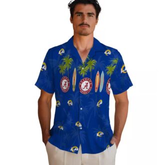 Los Angeles Rams Blue Hawaiian Shirt, Palm and Surfboard Design for Summer Beach