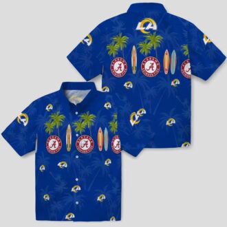 Los Angeles Rams Blue Hawaiian Shirt, Palm and Surfboard Design for Summer Beach