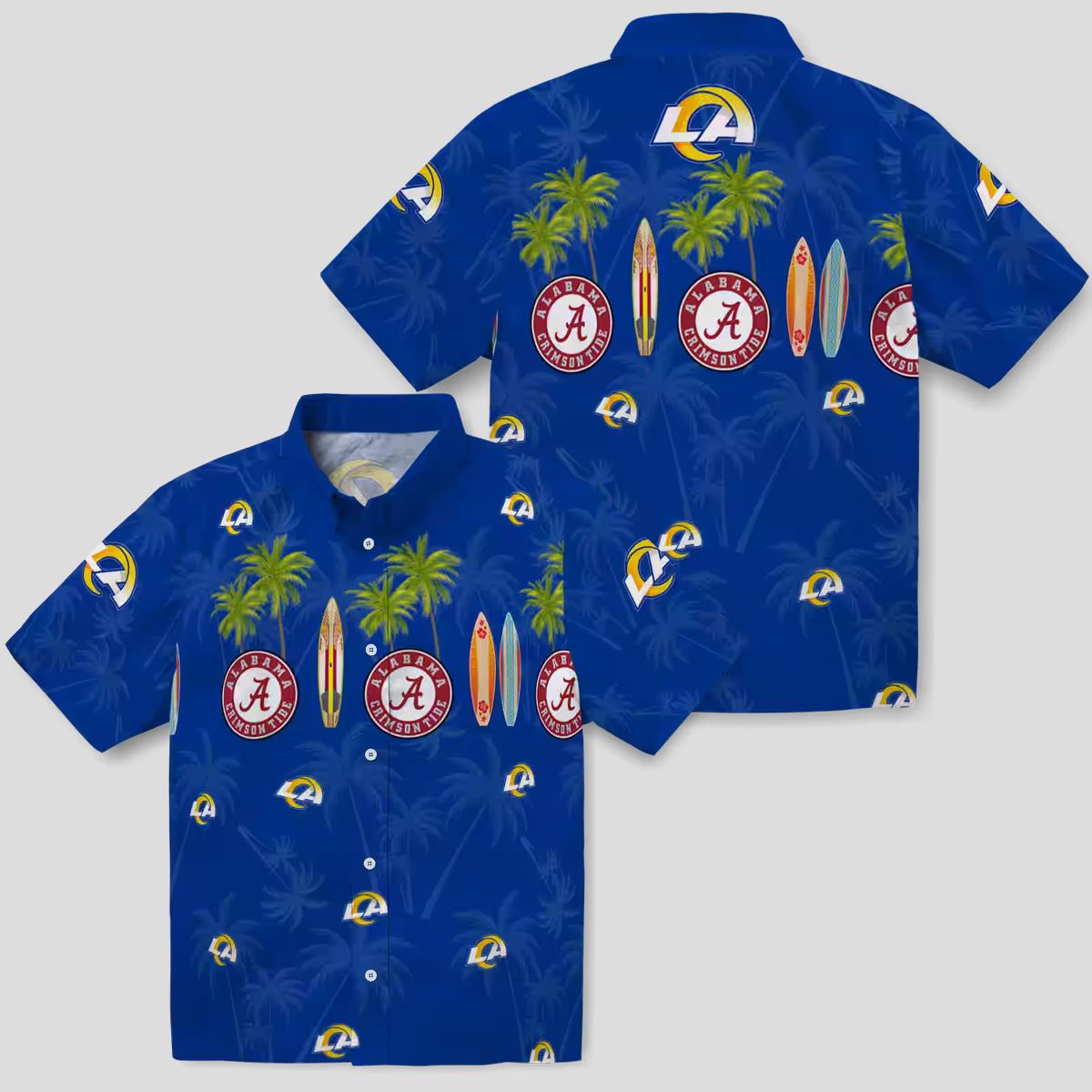 Los Angeles Rams Blue Hawaiian Shirt, Palm and Surfboard Design for Summer Beach