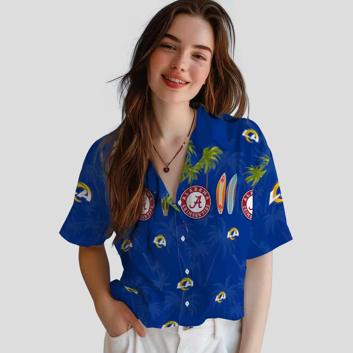 Los Angeles Rams Blue Hawaiian Shirt, Palm and Surfboard Design for Summer Beach