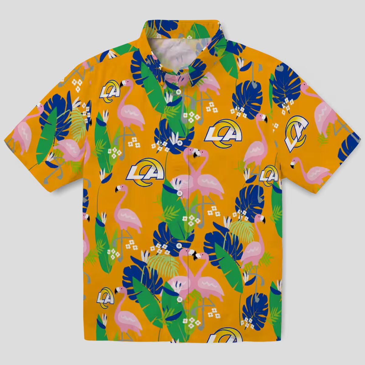 Los Angeles Rams Flamingo Hawaiian Shirt, Tropical Foliage Blue Green Beach Shirt