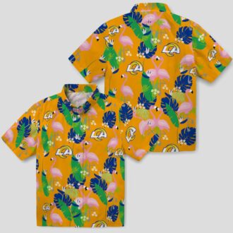 Los Angeles Rams Flamingo Hawaiian Shirt, Tropical Foliage Blue Green Beach Shirt