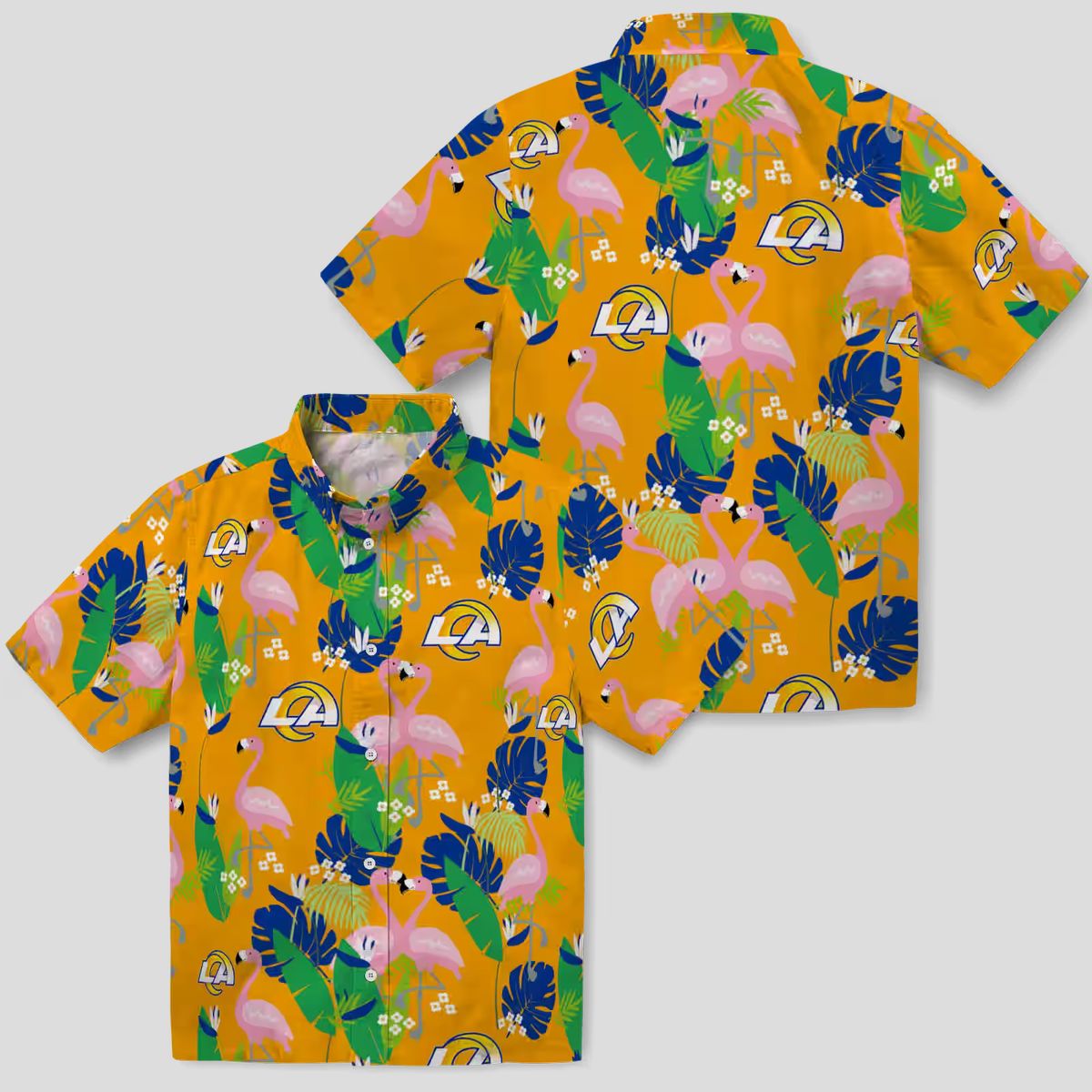 Los Angeles Rams Flamingo Hawaiian Shirt, Tropical Foliage Blue Green Beach Shirt
