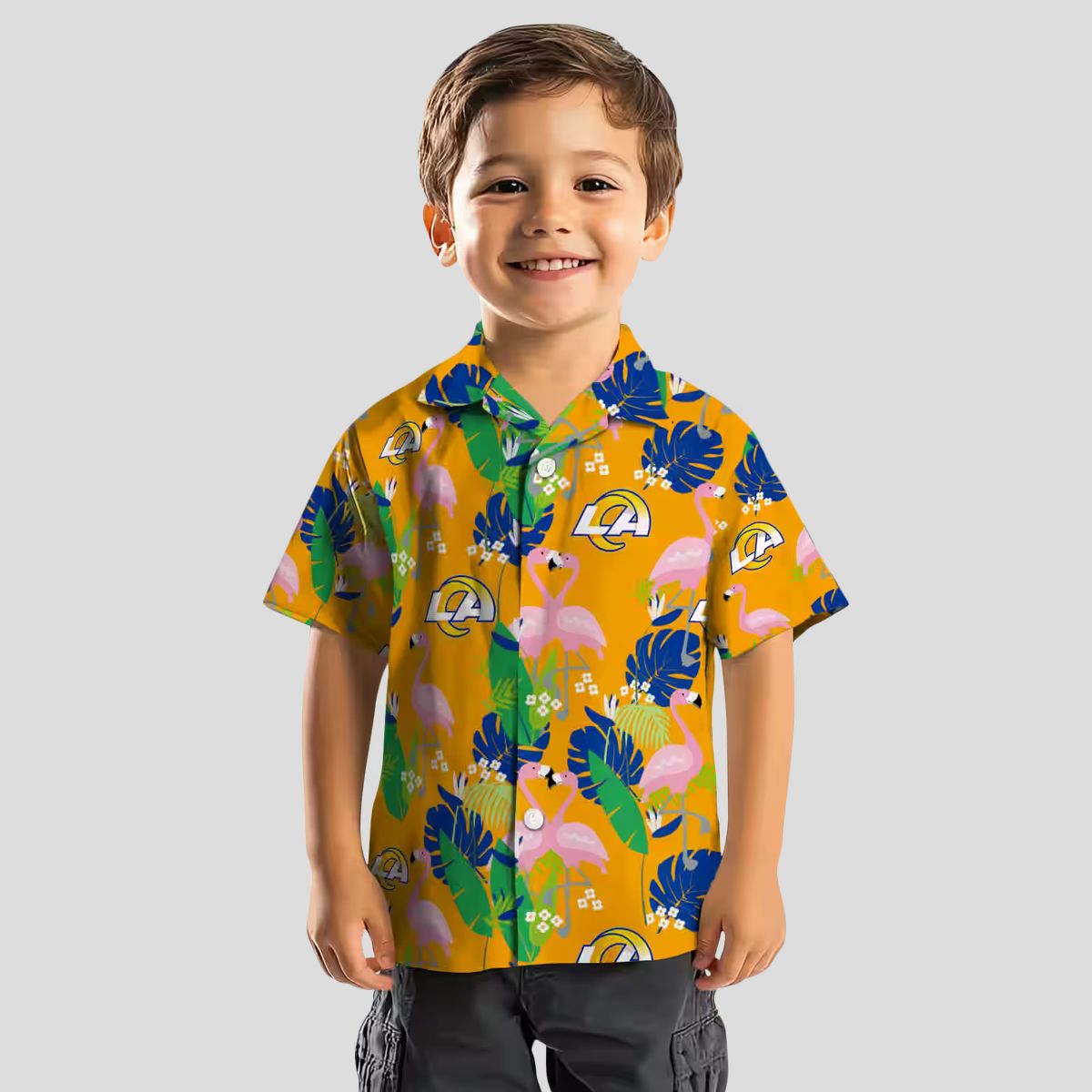 Los Angeles Rams Flamingo Hawaiian Shirt, Tropical Foliage Blue Green Beach Shirt