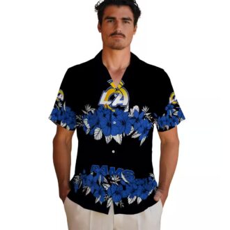 Los Angeles Rams Hibiscus Hawaiian Shirt, Blue Black Stripe Tropical NFL Shirt for Men