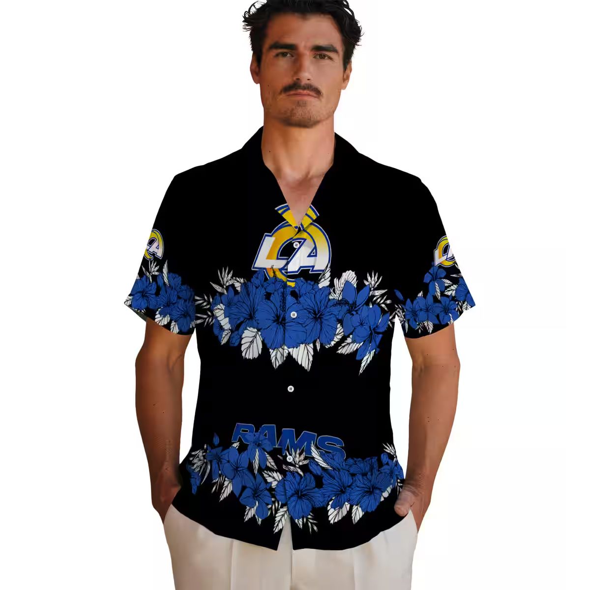 Los Angeles Rams Hibiscus Hawaiian Shirt, Blue Black Stripe Tropical NFL Shirt for Men