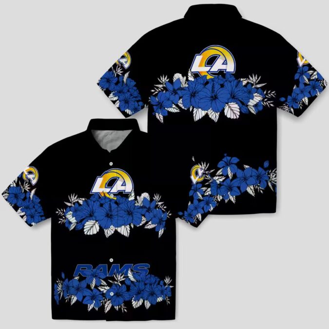 Los Angeles Rams Hibiscus Hawaiian Shirt, Blue Black Stripe Tropical NFL Shirt for Men