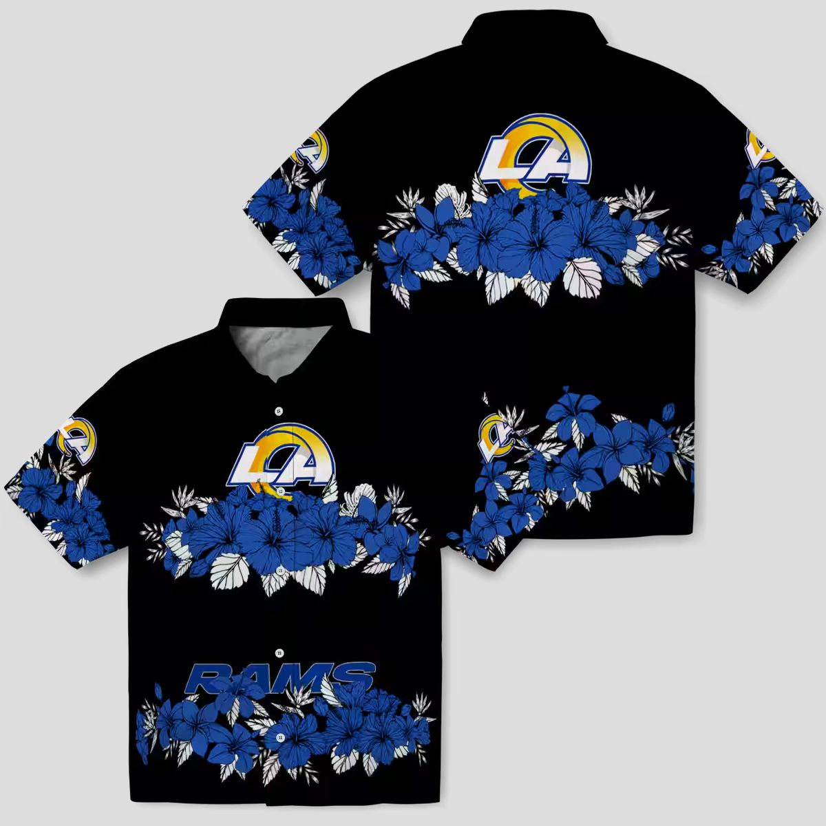 Los Angeles Rams Hibiscus Hawaiian Shirt, Blue Black Stripe Tropical NFL Shirt for Men