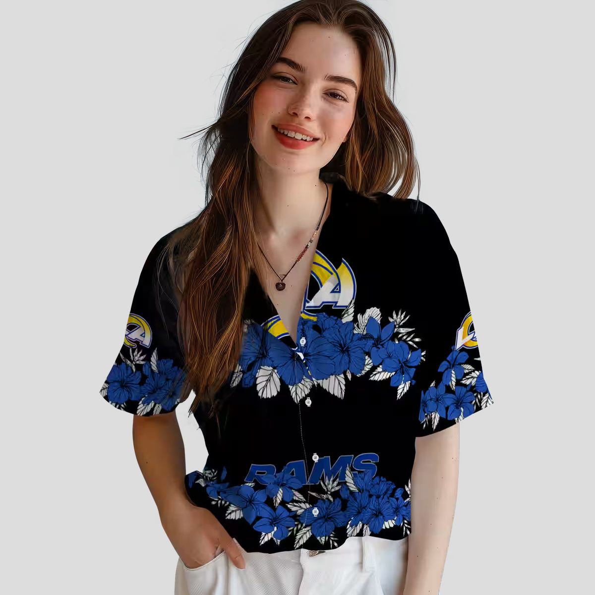 Los Angeles Rams Hibiscus Hawaiian Shirt, Blue Black Stripe Tropical NFL Shirt for Men