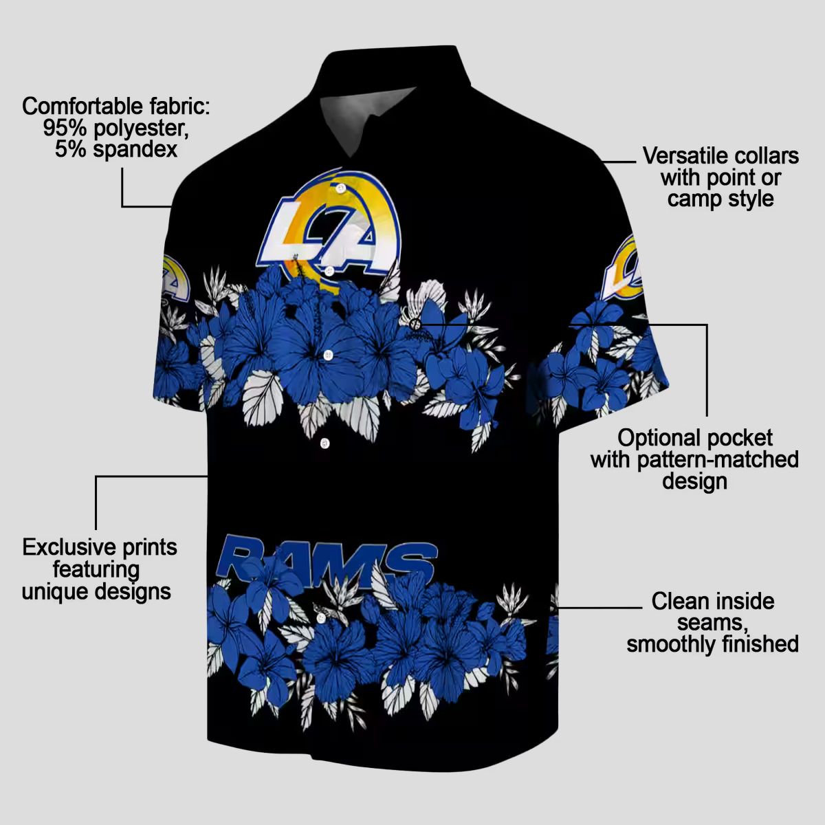 Los Angeles Rams Hibiscus Hawaiian Shirt, Blue Black Stripe Tropical NFL Shirt for Men