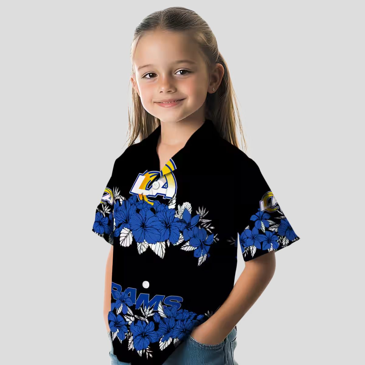 Los Angeles Rams Hibiscus Hawaiian Shirt, Blue Black Stripe Tropical NFL Shirt for Men