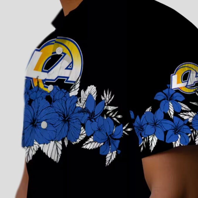Los Angeles Rams Hibiscus Hawaiian Shirt, Blue Black Stripe Tropical NFL Shirt for Men