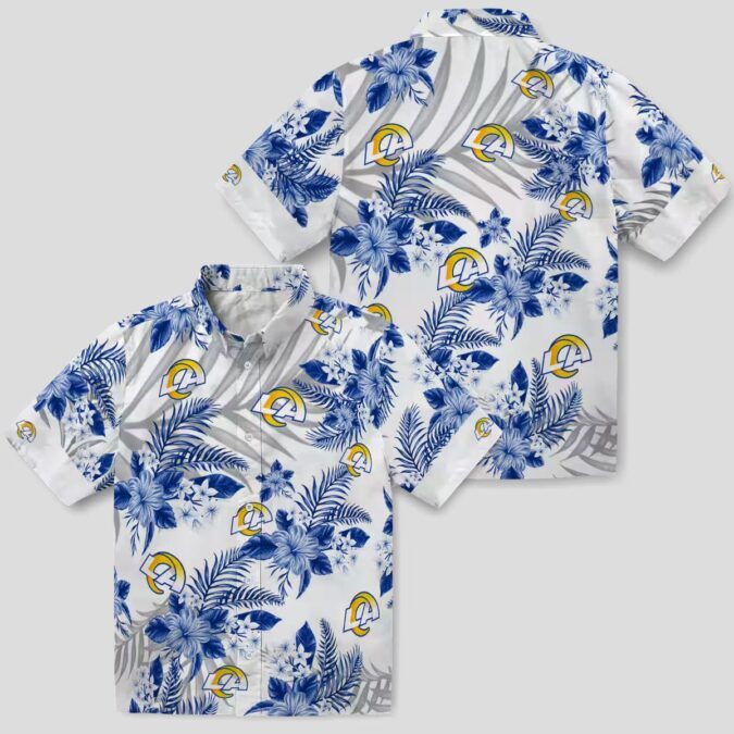 Los Angeles Rams Hibiscus Palm Leaves Hawaiian Shirt, Blue & White NFL Fan Beach Shirt