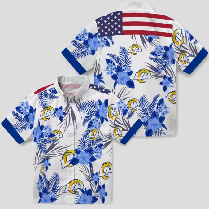 Los Angeles Rams Patriotic Hibiscus Design Blue White Hawaiian Shirt