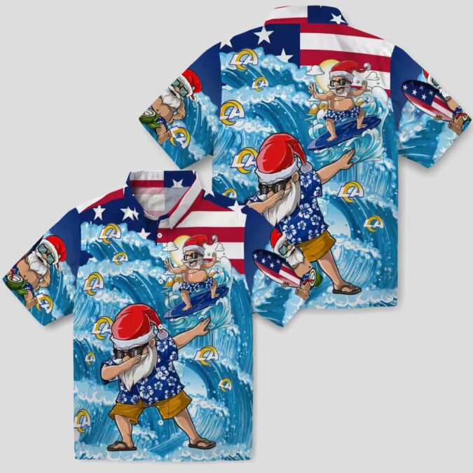 Los Angeles Rams Surfing Santa Blue Hawaiian Shirt, Summer Beach Apparel for NFL Fans