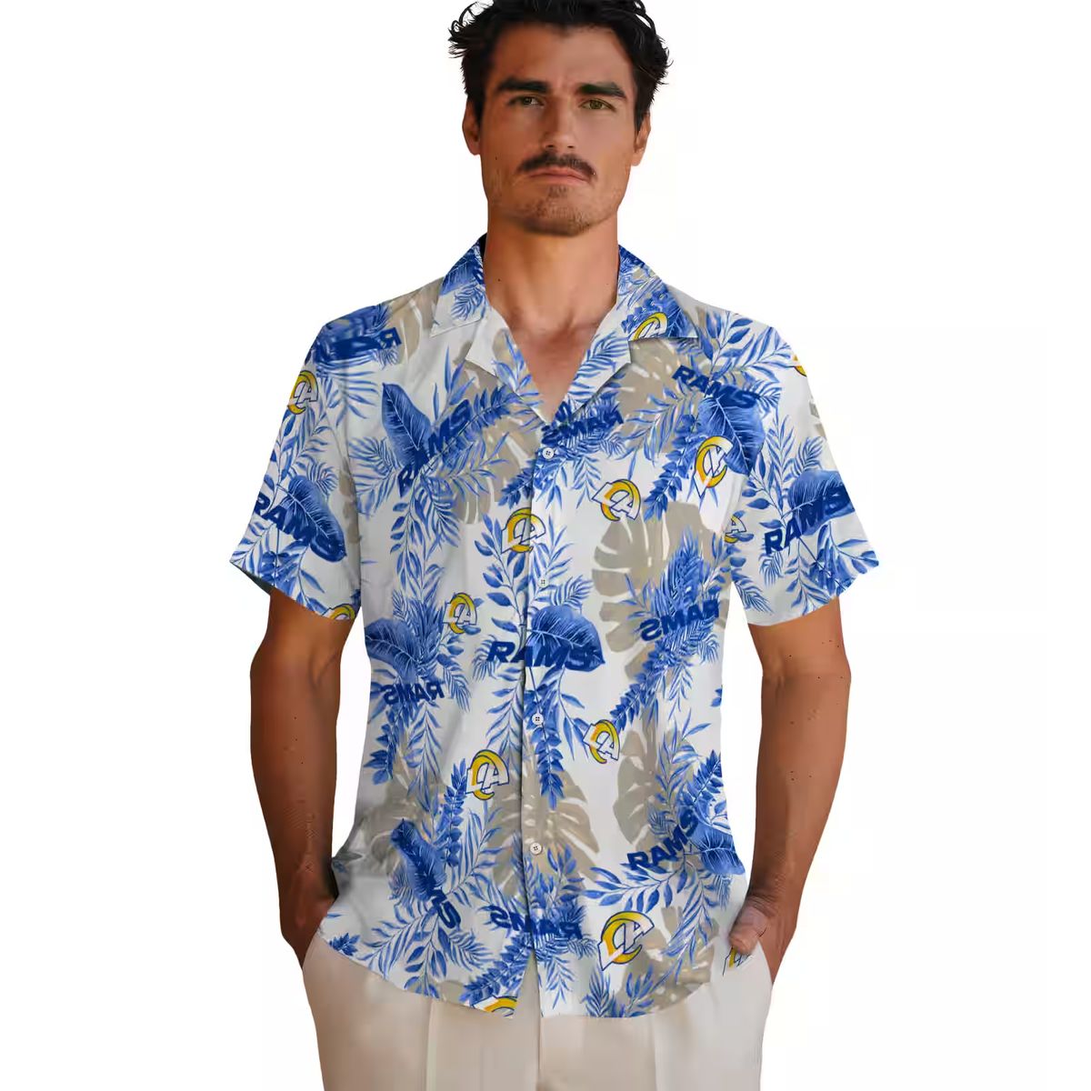 Los Angeles Rams Tropical Leaves Hawaiian Shirt, Blue and White NFL Fan Apparel