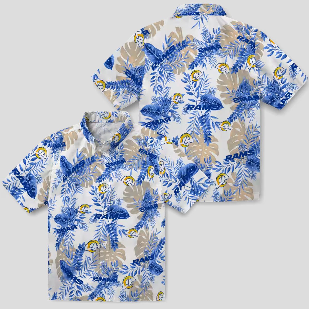Los Angeles Rams Tropical Leaves Hawaiian Shirt, Blue and White NFL Fan Apparel
