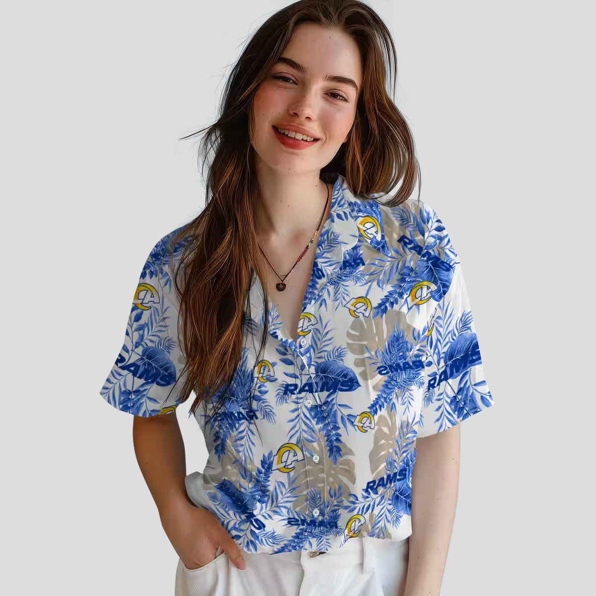 Los Angeles Rams Tropical Leaves Hawaiian Shirt, Blue and White NFL Fan Apparel